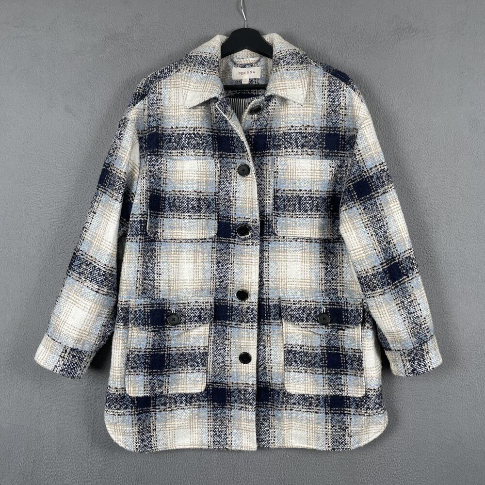 Per Una M&S Jacket Womens US 10 Blue Mix Plaid Longline Shacket Coat Casual Fall